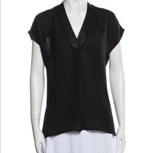 Vince Black V-Neck Blouse with Leather Collar